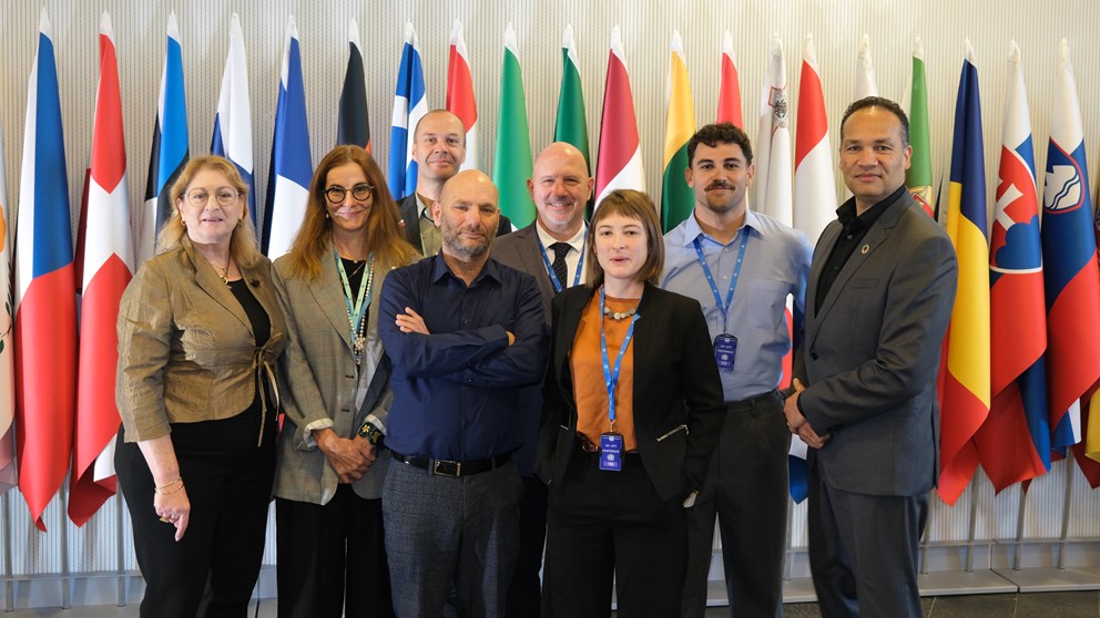 Conference participants in front of flags
